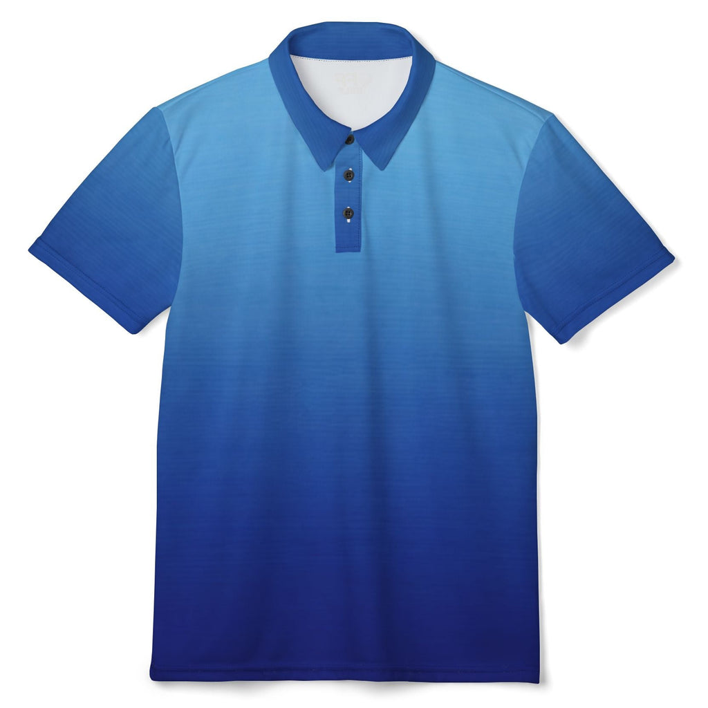 A short-sleeve polo shirt with a vertical blue gradient design, fading from a light sky blue at the collar and upper chest to a deep royal blue at the bottom, featuring a three-button placket.