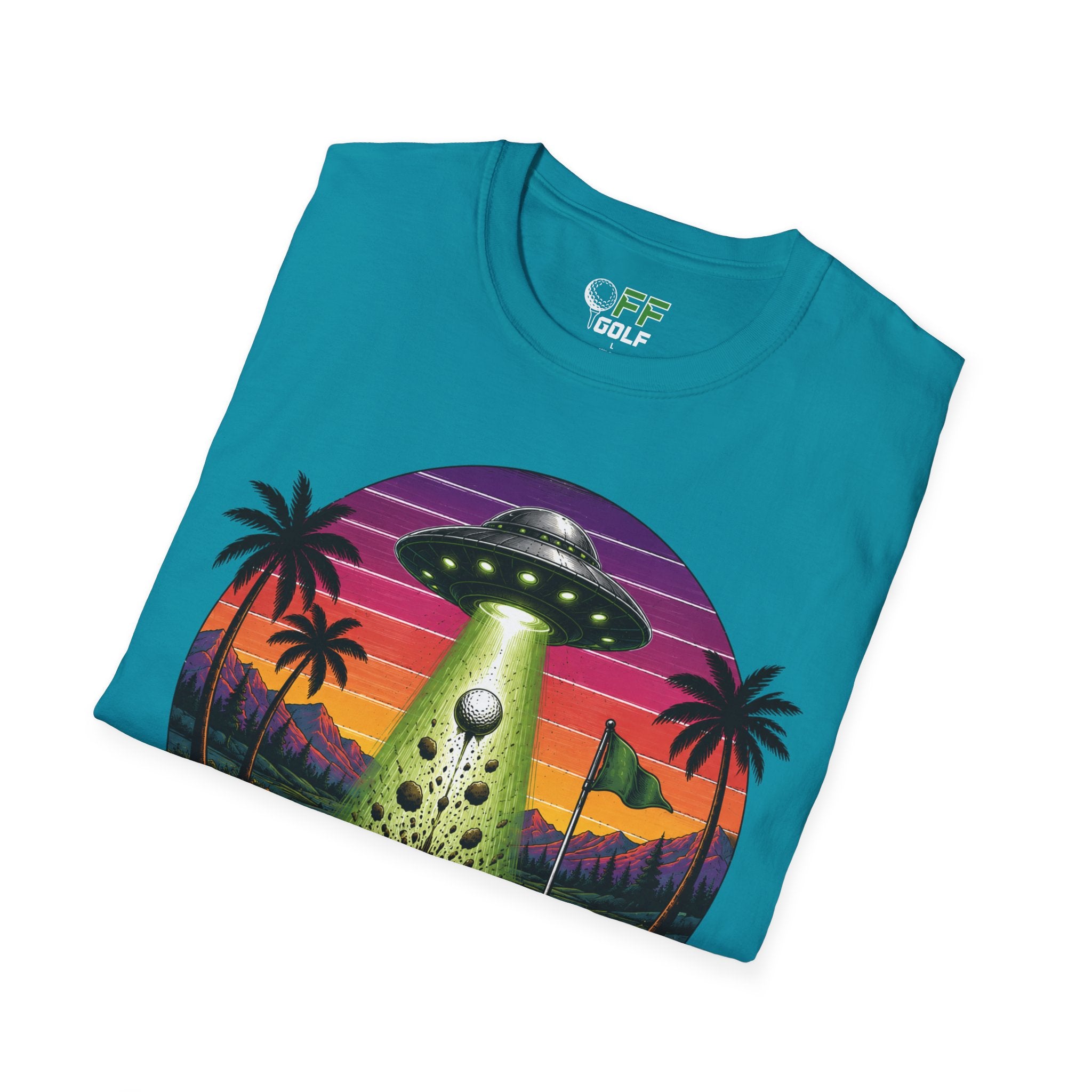 Alien Golf Retro Sunset T-Shirt — "Good Vibes & Bogeys" (16 colors)
