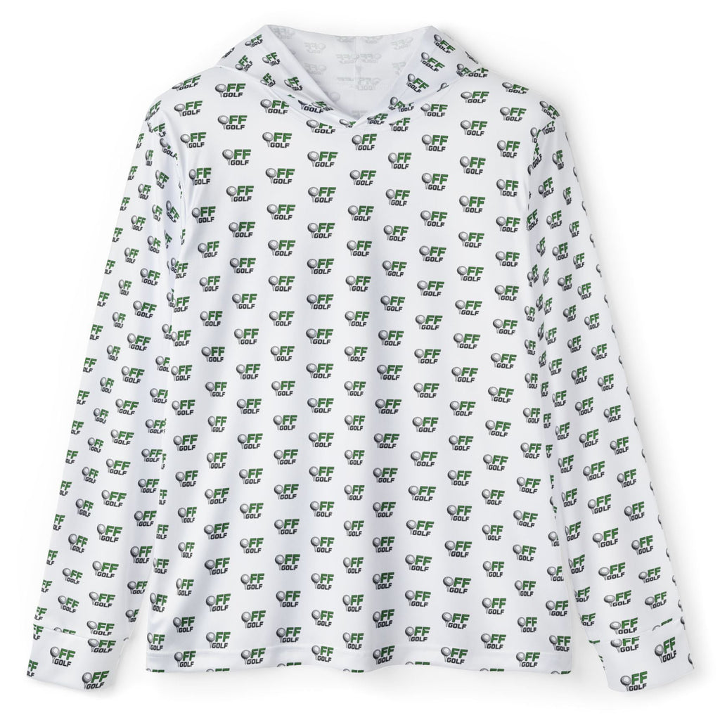 A white long-sleeve hooded shirt with an all-over repeating pattern of small green cartoon-style faces, shown on a plain white background.