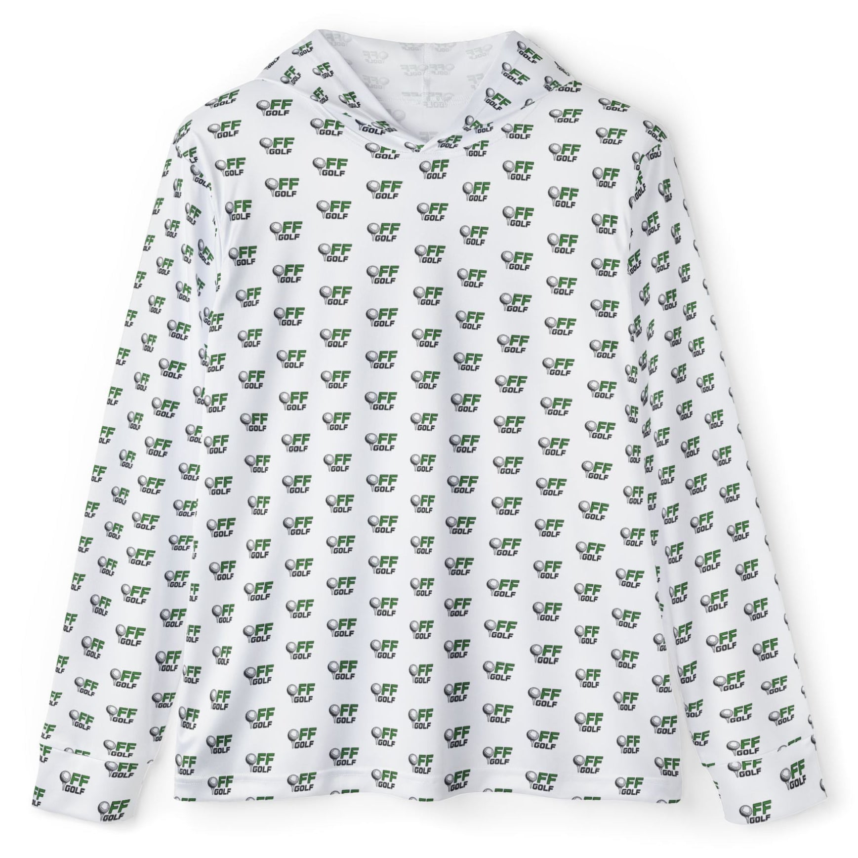 A white long-sleeve hooded shirt with an all-over repeating pattern of small green cartoon-style faces, shown on a plain white background.