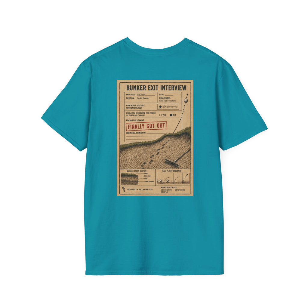 Bunker Exit Interview T-Shirt — Minimal Badge Graphic Tee (16 Colors)