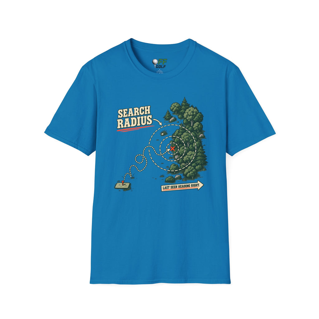 Golf Search Radius T-Shirt — Funny Golf Course Map Design (16 Colors)