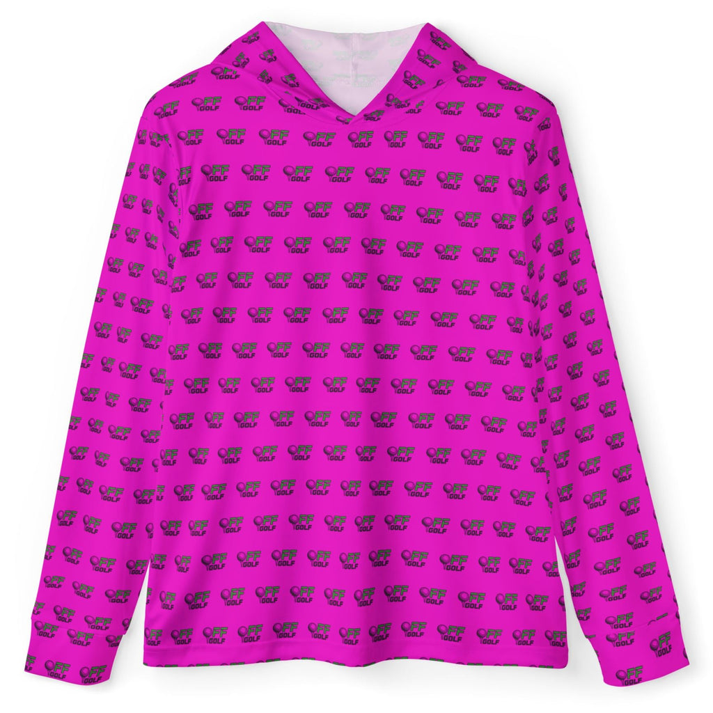 A bright pink long-sleeve hoodie with an all-over repeating pattern of small dark gray whale silhouettes, displayed flat against a plain white background.