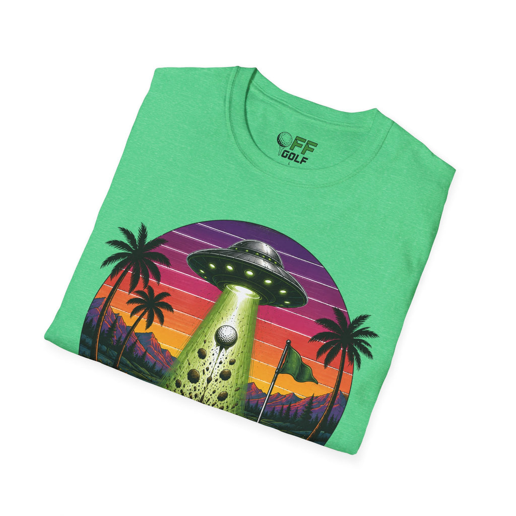 Alien Golf Retro Sunset T-Shirt — "Good Vibes & Bogeys" (16 colors)