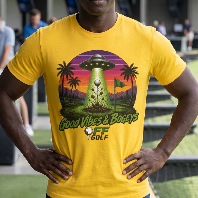 A man wearing a bright yellow graphic t-shirt with a retro UFO and golf course design that reads 'Good Vibes & Bogan's Off Golf', standing on a golf course driving range.