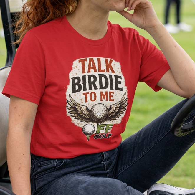 A woman sitting in a golf cart on a golf course, wearing a red graphic t-shirt that reads 'TALK BIRDIE TO ME' with an eagle and golf ball design, and 'OFF GOAL' at the bottom.