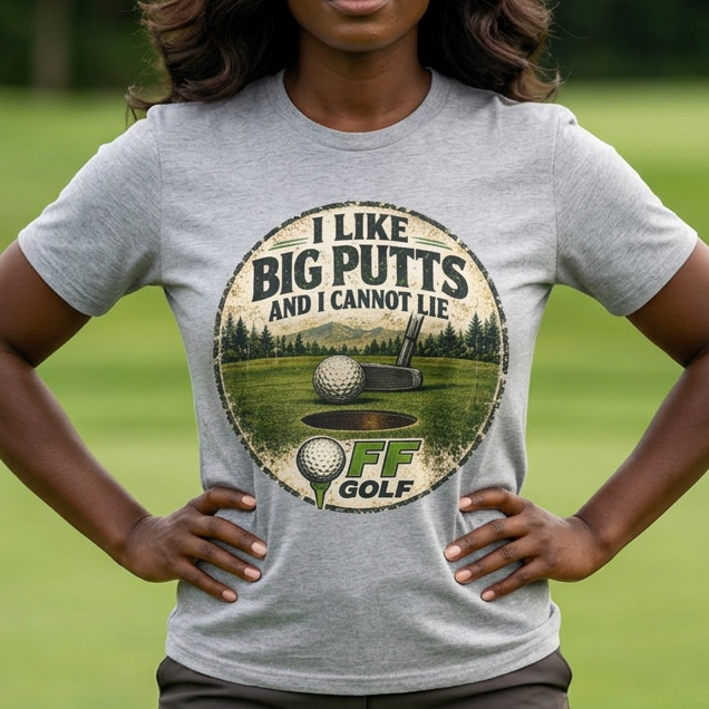 A woman stands on a golf course wearing a light gray t-shirt with a circular graphic that reads 'I LIKE BIG PUTTS AND I CANNOT LIE' with a golf ball and green landscape illustration, paired with dark gray pants.