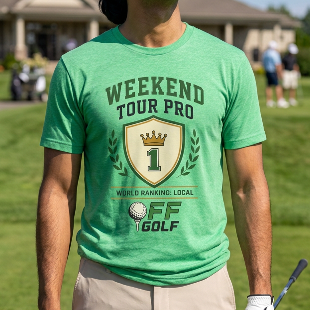A man on a golf course wearing a bright green graphic t-shirt that reads 'WEEKEND TOUR PRO' with a crest design and 'OFF GOLF' at the bottom. He is holding a golf club and wearing khaki pants, with a blurred clubhouse and other golfers in the background.