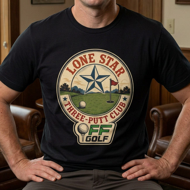 A man sitting in a brown leather armchair wearing a black t-shirt with a circular golf graphic that reads 'Lone Star Three-Putt Club Off-Golf'. The background shows a warm indoor setting with framed pictures on the wall and a window looking out onto a golf course.