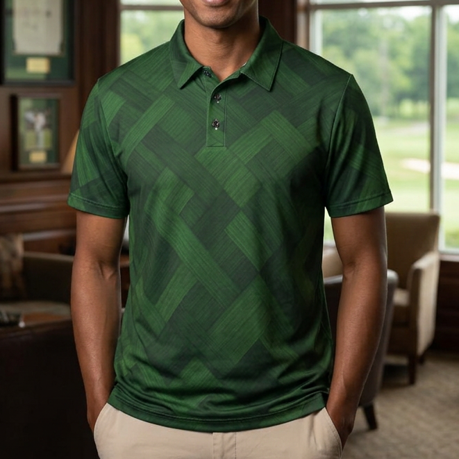 A man smiling in a green patterned polo shirt and khaki pants, standing in a warm, wood-paneled lounge room with large windows overlooking a golf course.