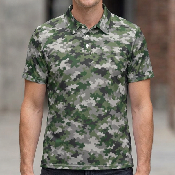 A man wearing a short-sleeve polo shirt with a green, gray, and black digital camouflage pattern, shown from the neck down against a blurred outdoor background.