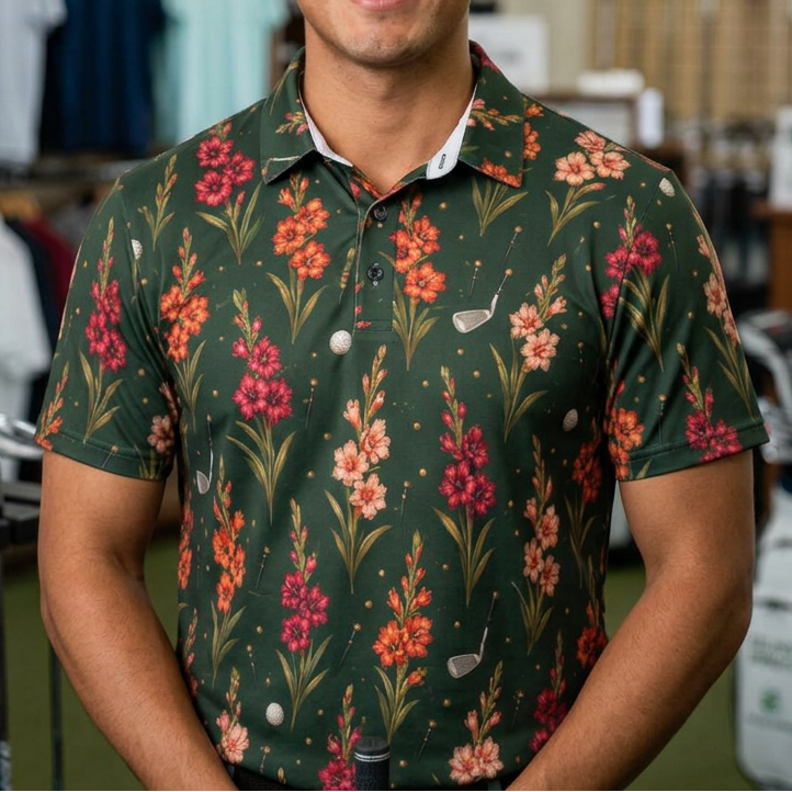 A smiling man wearing a dark green short-sleeve polo shirt with a vibrant red, pink, and orange floral pattern, standing inside a golf shop.