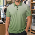 A smiling man wearing a light sage green short-sleeve polo shirt stands inside a retail store. The background shows wooden shelves with folded clothing, golf clubs, and store fixtures.