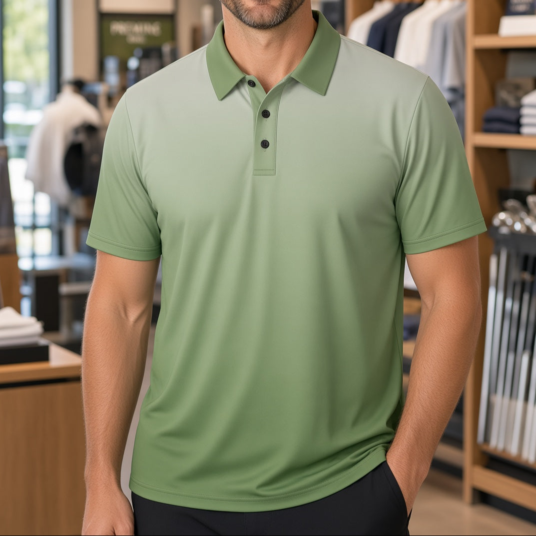 A smiling man wearing a light sage green short-sleeve polo shirt stands inside a retail store. The background shows wooden shelves with folded clothing, golf clubs, and store fixtures.