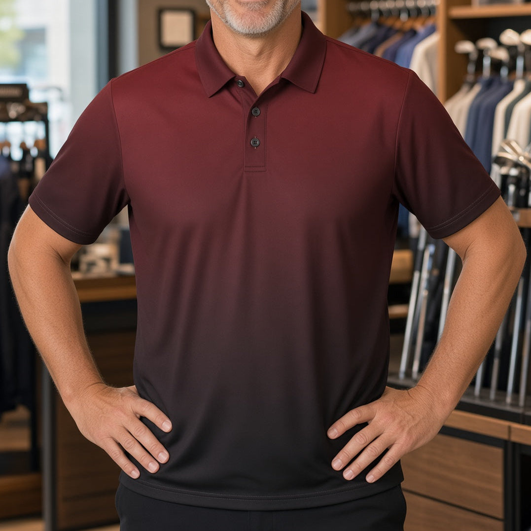 A smiling middle-aged man with gray hair stands in a retail store wearing a short-sleeve polo shirt with a dark-to-burgundy gradient. The background shows clothing racks and shelves inside a modern apparel store.