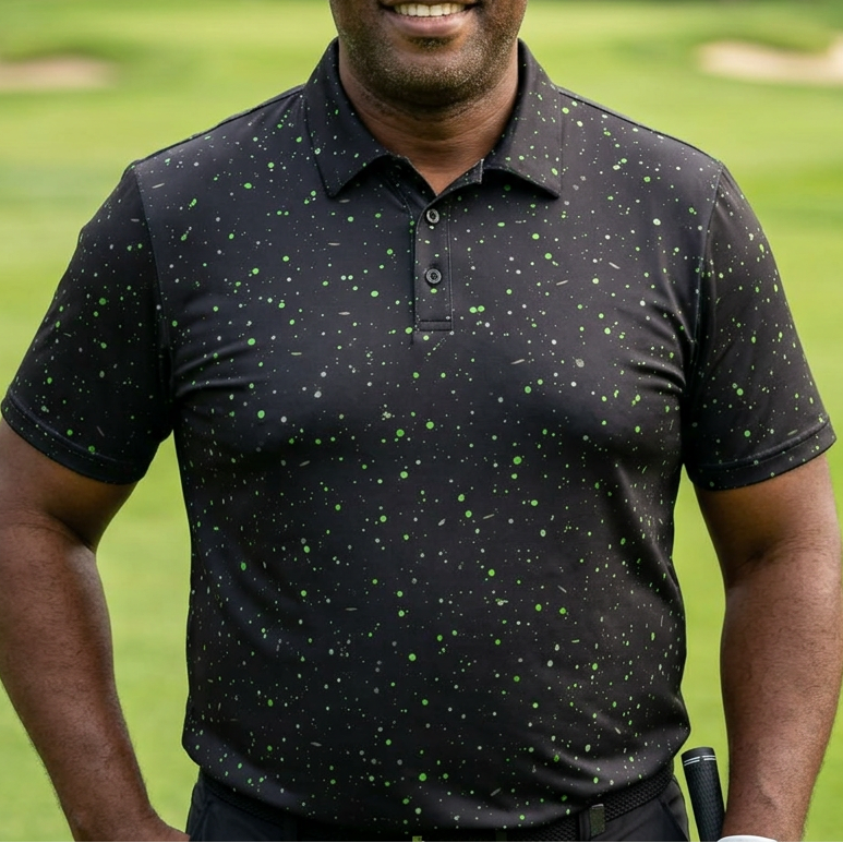 A smiling man wearing a black short-sleeve polo shirt with a green speckled pattern, standing on a golf course with trees in the background.