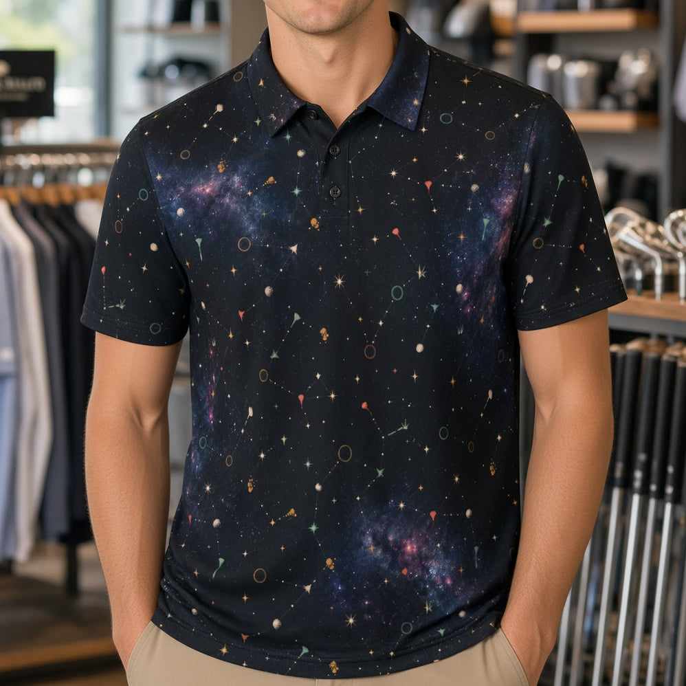 A smiling man wearing a dark navy short-sleeve polo shirt with a colorful galaxy print stands inside a retail store. The shirt features a pattern of stars, dots, and nebulae in shades of blue, purple, orange, and yellow.