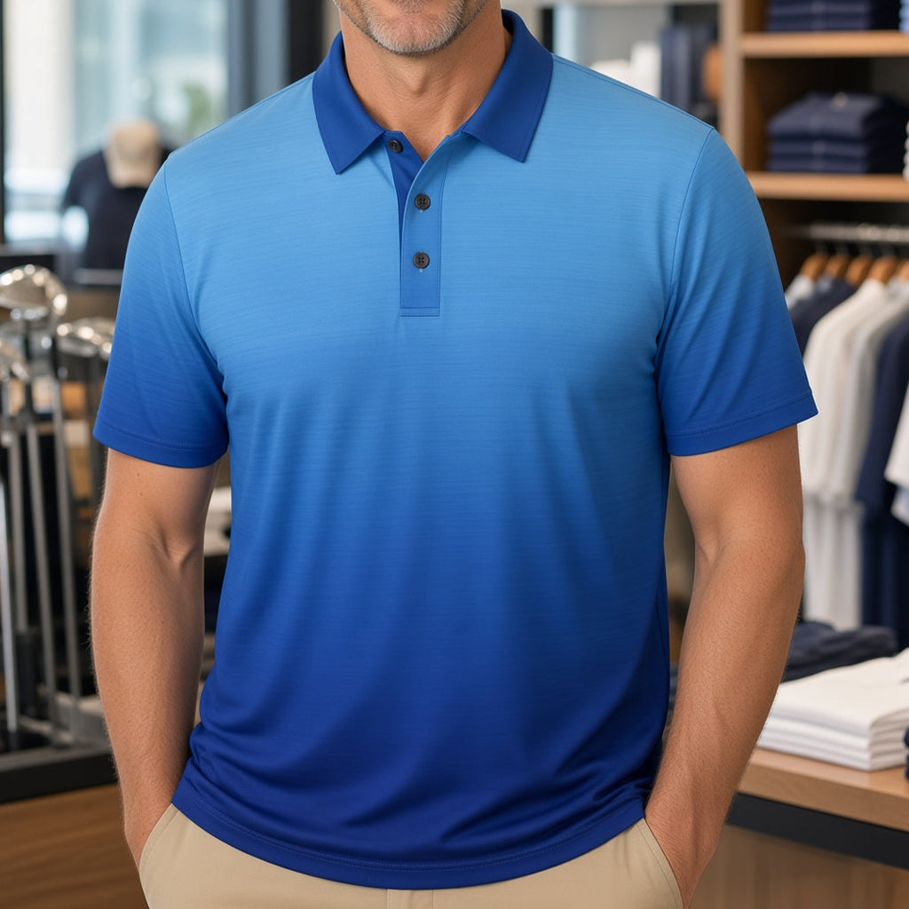 A smiling man wearing a bright blue polo shirt stands inside a retail store. The background shows shelves with folded navy and blue clothing, hanging shirts, and a bright window.