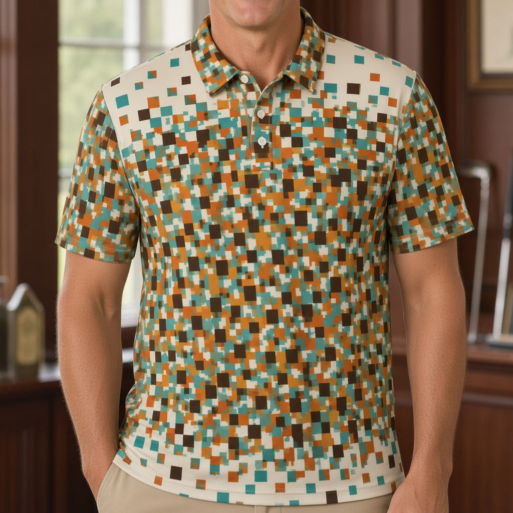 A smiling man wearing a short-sleeve polo shirt with a colorful geometric pixelated pattern in teal, brown, orange, and cream, standing in a warm wood-paneled room.