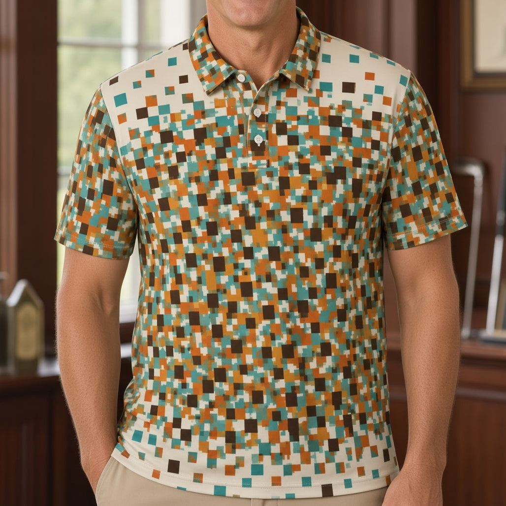 A smiling man wearing a short-sleeve polo shirt with a colorful geometric pixelated pattern in teal, brown, orange, and cream, standing in a warm wood-paneled room.