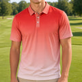 A smiling man wearing a coral-to-pale-pink gradient polo shirt stands on a sunny golf course.