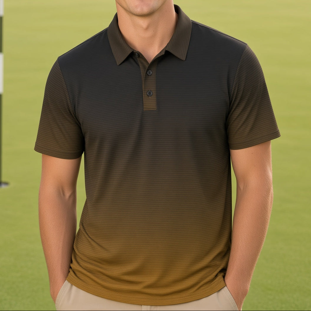A smiling man standing on a golf course wearing a dark olive-to-amber gradient short-sleeve polo shirt and khaki pants, with a golf flag visible in the background.