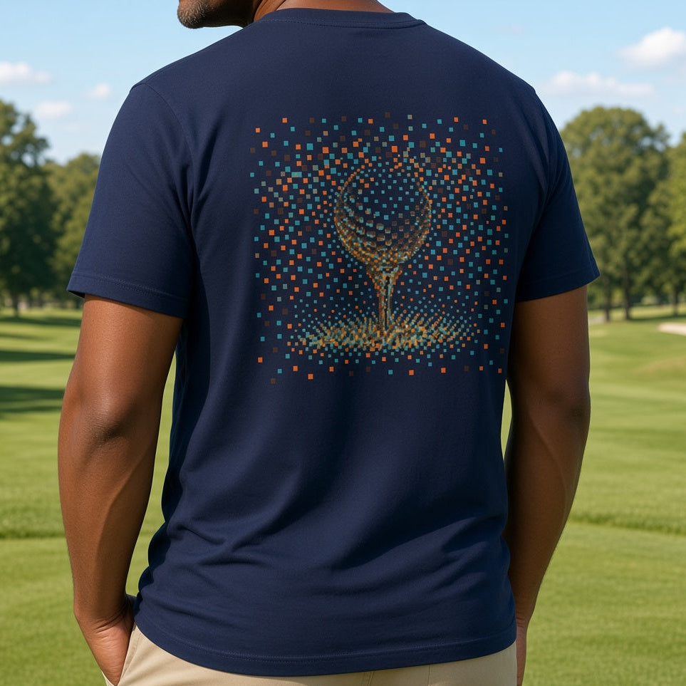 A man standing on a golf course wearing a navy blue t-shirt with a colorful, dotted golf-themed graphic on the back, paired with khaki shorts.