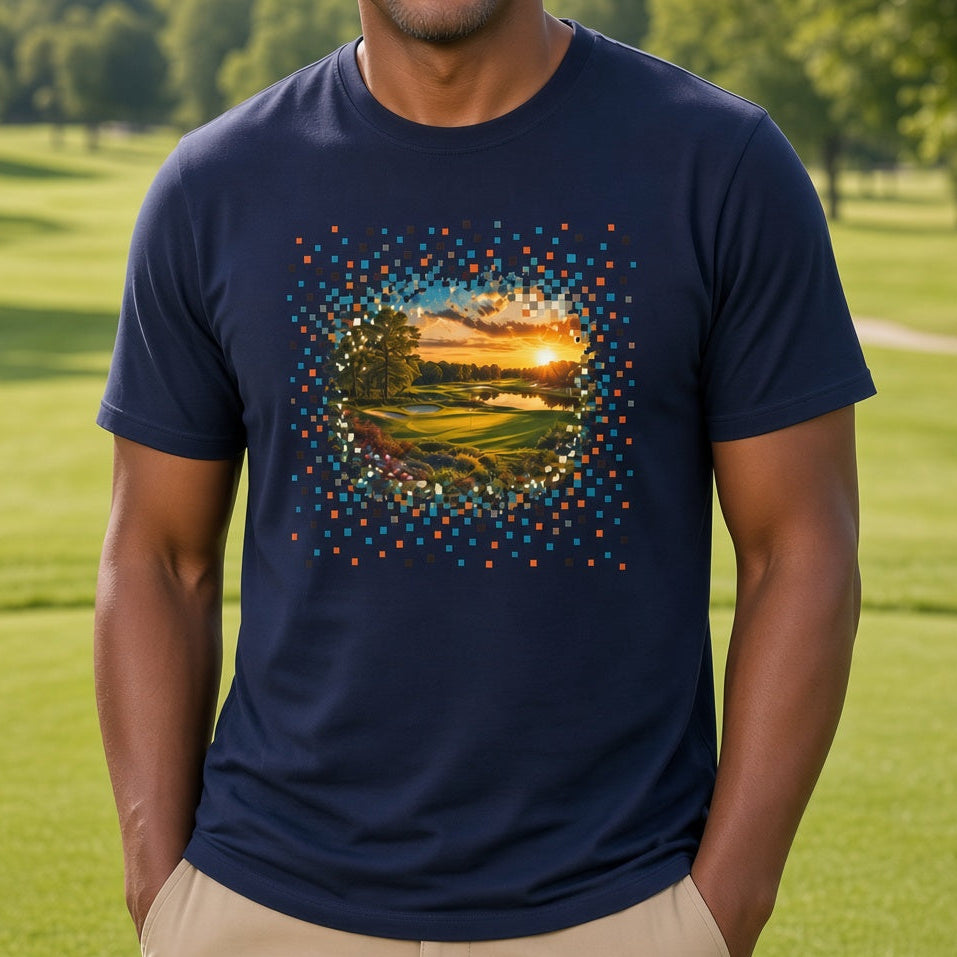 A smiling man wearing a navy blue t-shirt with a colorful, pixelated golf course sunset graphic on the chest, standing on a green golf course.