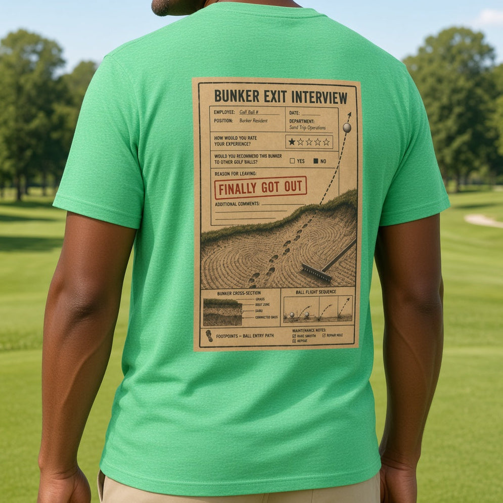 A man on a golf course wearing a bright green t-shirt from the back, which features a large vintage-style newspaper graphic with the headline 'BUNKER EXIT INTERVIEW'.