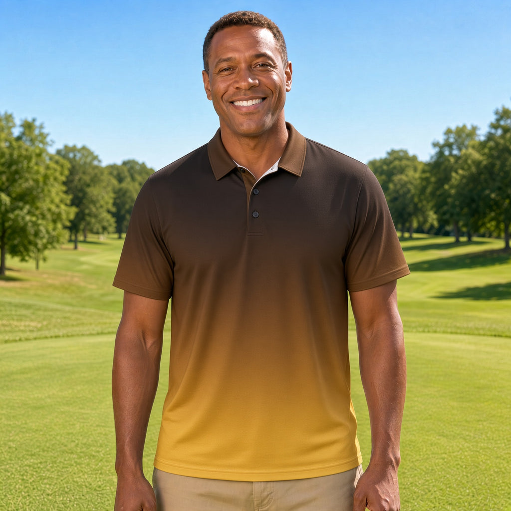 Golf Polo Shirt — Gradient Brown to Gold Ombre Performance Polo