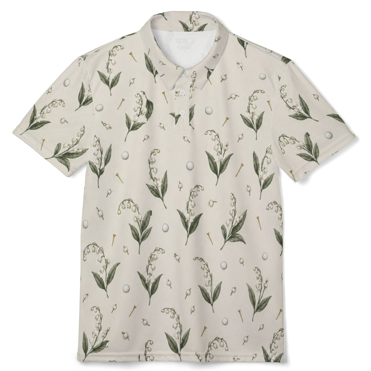 A short-sleeve polo shirt with a beige background and an all-over botanical print featuring green leaves, white flowers, and small pinecones, displayed flat against a white background.