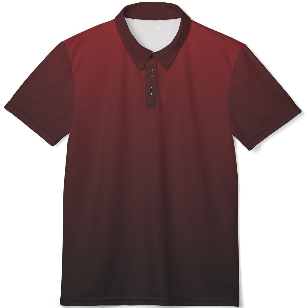 A short-sleeve polo shirt with a vertical color gradient transitioning from deep burgundy red at the top to dark brown at the bottom, displayed on a clean white background.