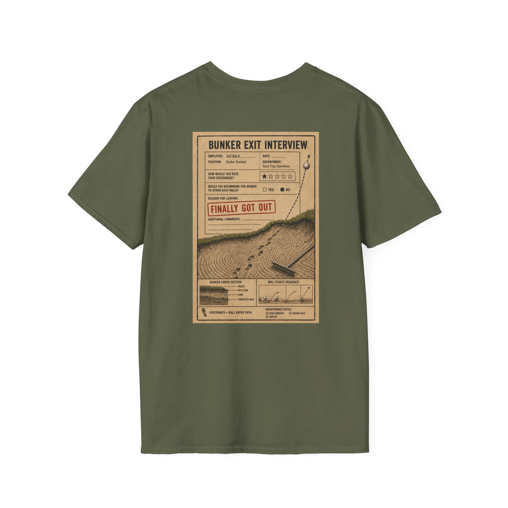 Bunker Exit Interview T-Shirt — Minimal Badge Graphic Tee (16 Colors)