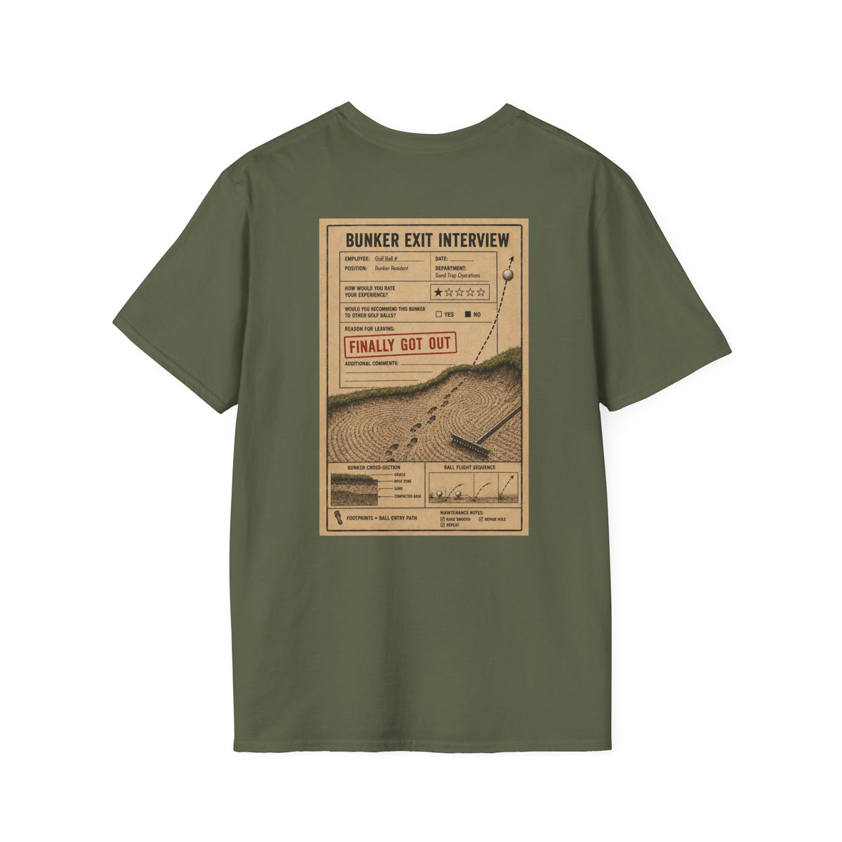 Bunker Exit Interview T-Shirt — Minimal Badge Graphic Tee (16 Colors)