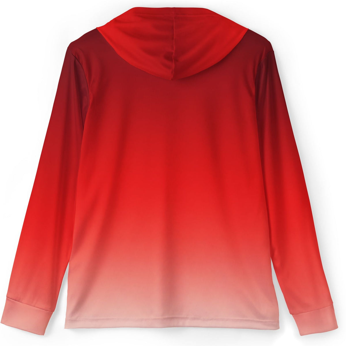 A long-sleeve hooded top shown from the back, featuring a red gradient that fades from a deep red at the hood and upper body to a very light pinkish-red at the lower hem and cuffs, displayed on a clean white background.