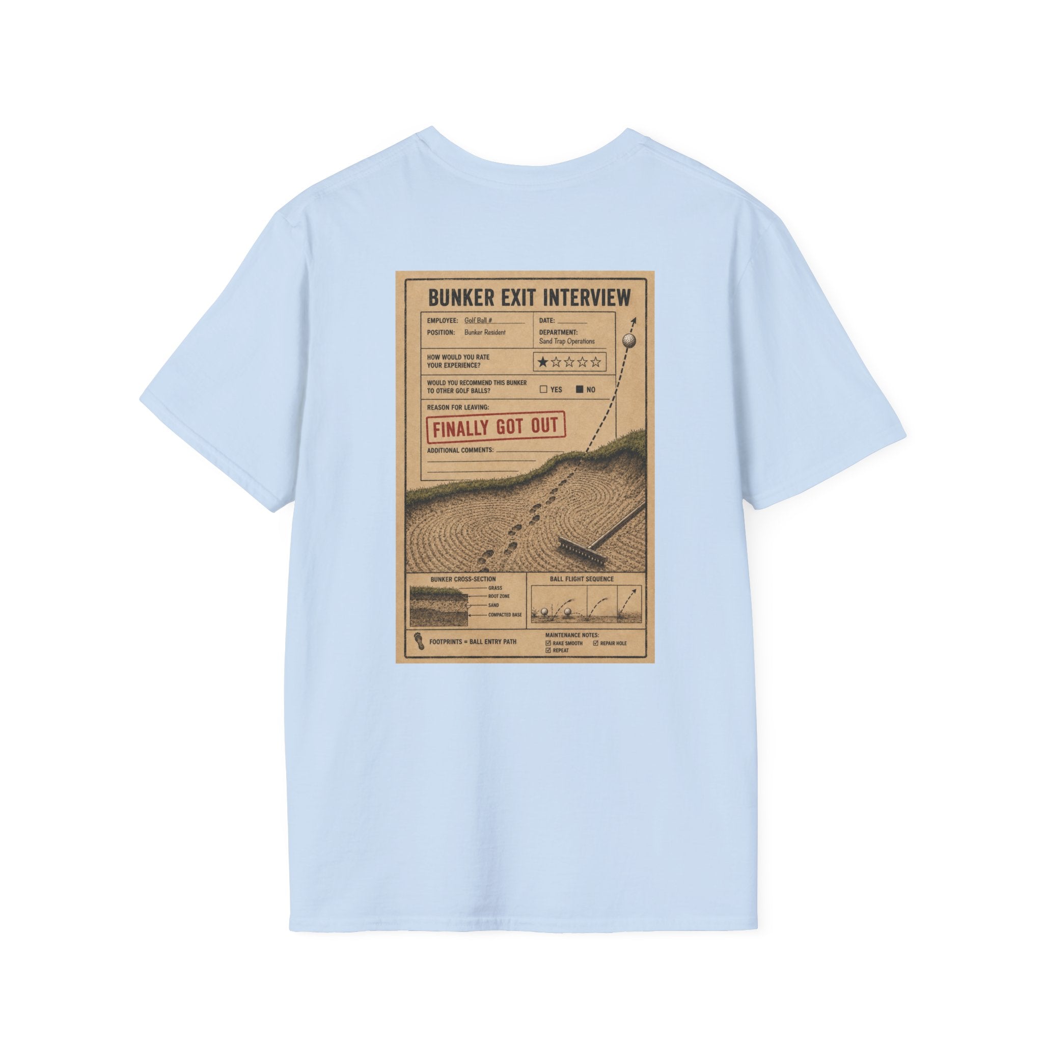 Bunker Exit Interview T-Shirt — Minimal Badge Graphic Tee (16 Colors)