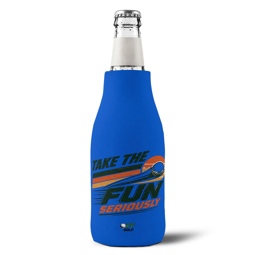 Zip-Up Bottle Cooler Sleeve — "Take the Fun Seriously" Golf Beverage Cooler - Blue
