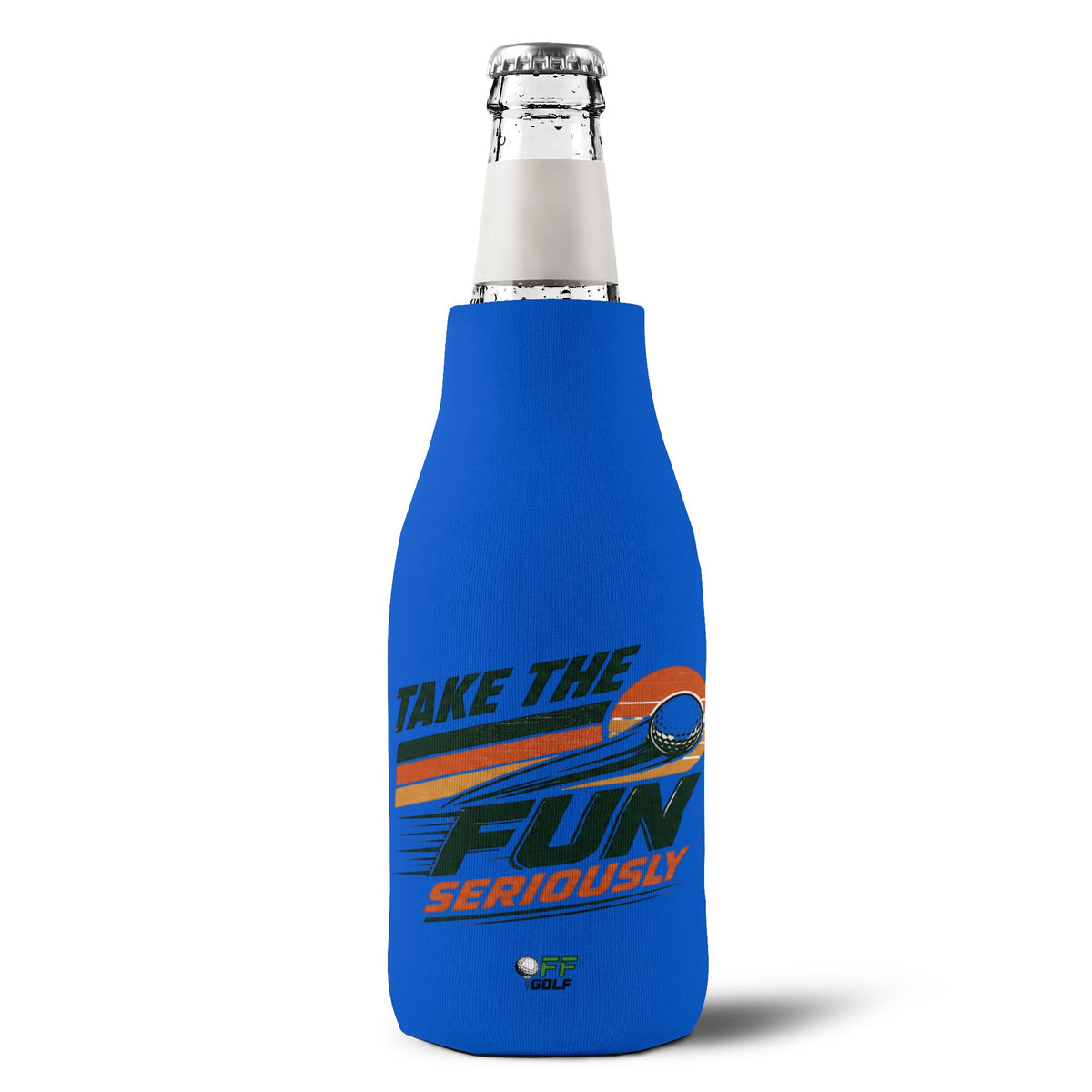 Zip-Up Bottle Cooler Sleeve — "Take the Fun Seriously" Golf Beverage Cooler - Blue