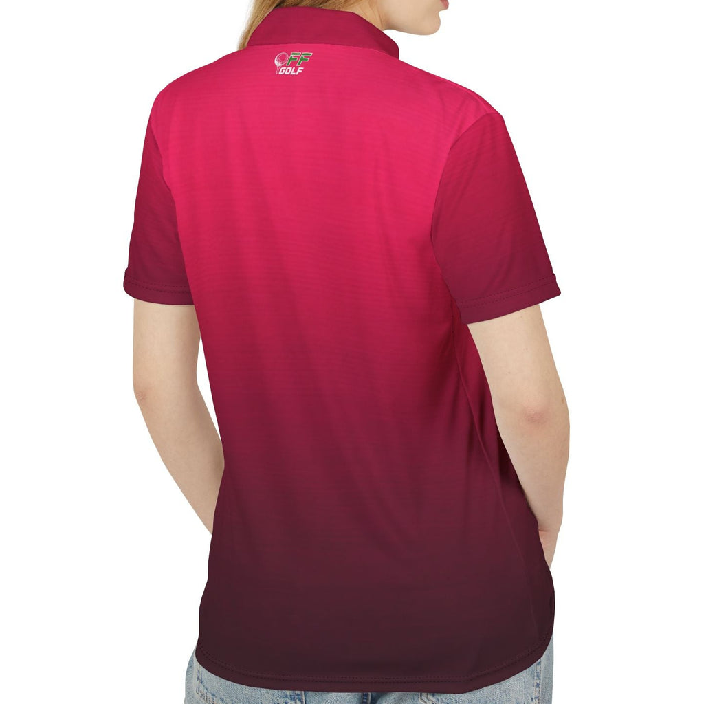 A woman shown from the back wearing a short-sleeve polo shirt with a vertical color-block gradient from bright magenta pink to deep burgundy. The shirt features a small embroidered logo on the upper left back.