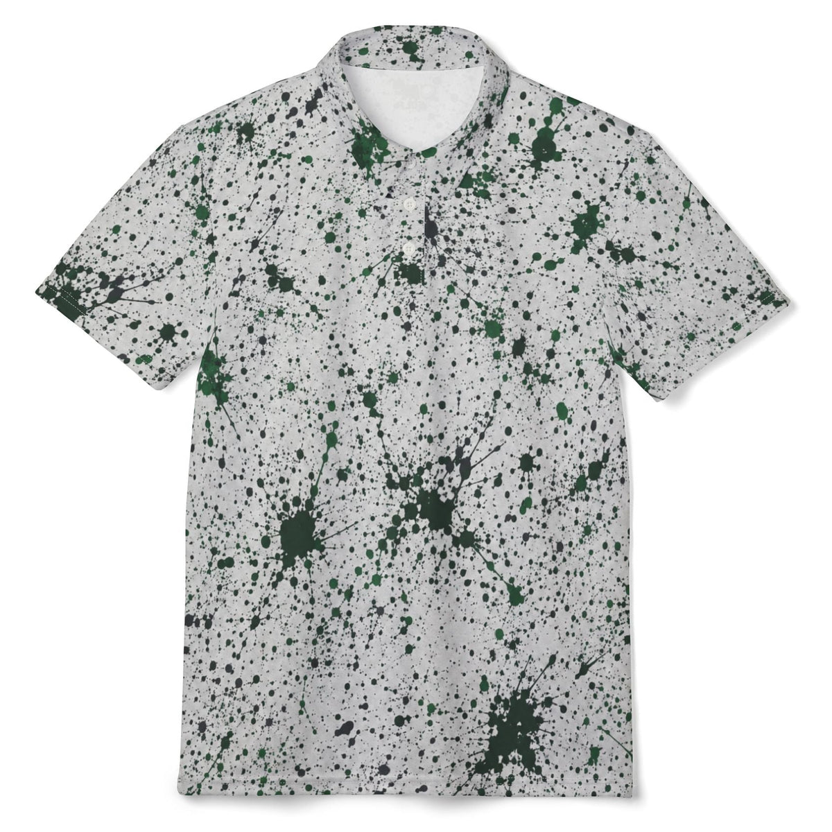 A short-sleeve polo shirt with a white base covered in dark green and black paint splatter patterns, displayed flat against a solid white background.