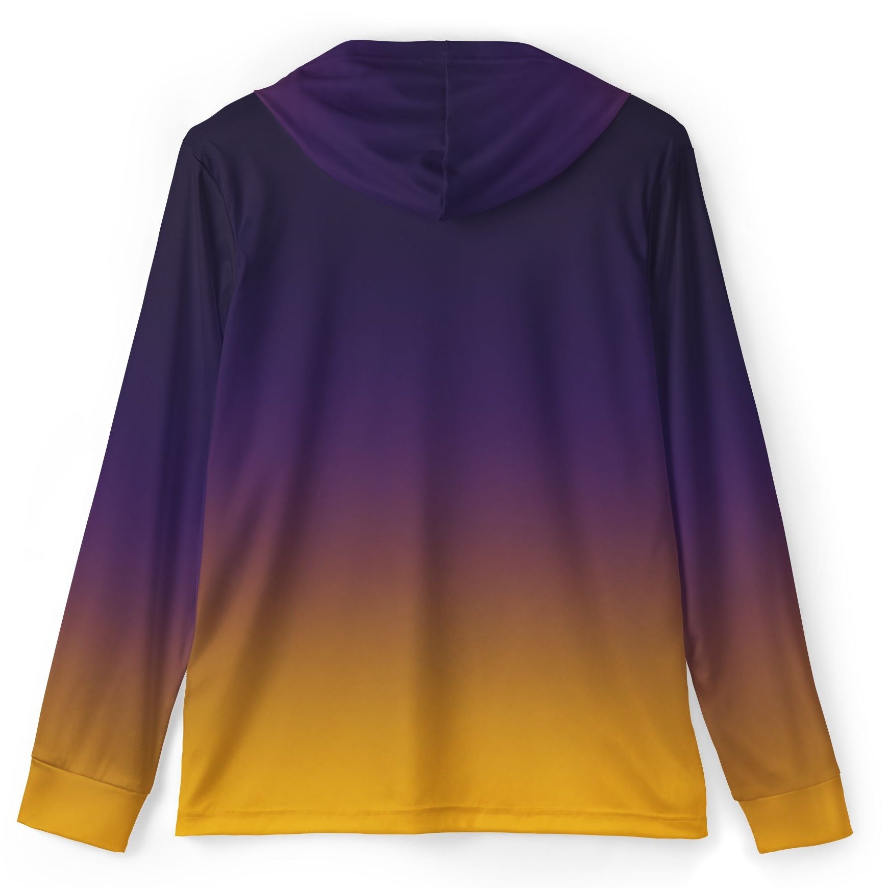 A long-sleeve hooded shirt shown from the back, featuring a smooth vertical gradient that transitions from deep purple at the top to a bright golden yellow at the bottom, displayed on a clean white background.