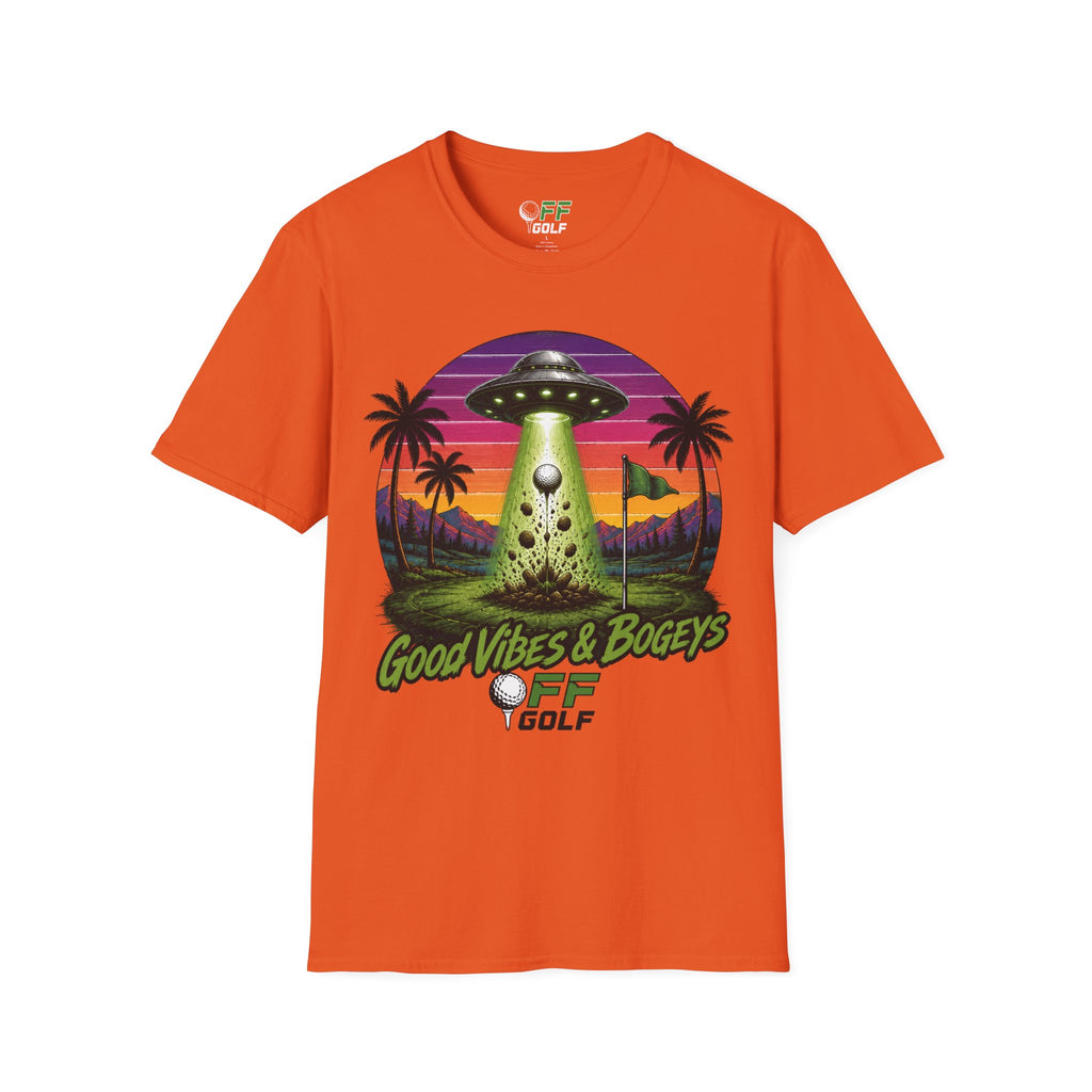 Alien Golf Retro Sunset T-Shirt — "Good Vibes & Bogeys" (16 colors)