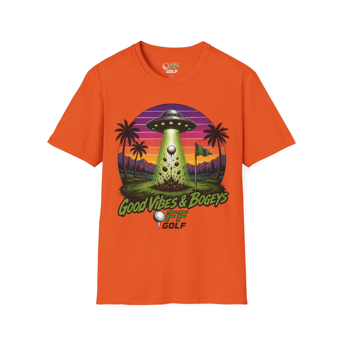Alien Golf Retro Sunset T-Shirt — "Good Vibes & Bogeys" (16 colors)