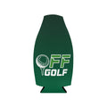 A dark green can cooler or sleeve with a white and green 'OFF GOLF' logo featuring a golf ball graphic, shown on a plain white background.