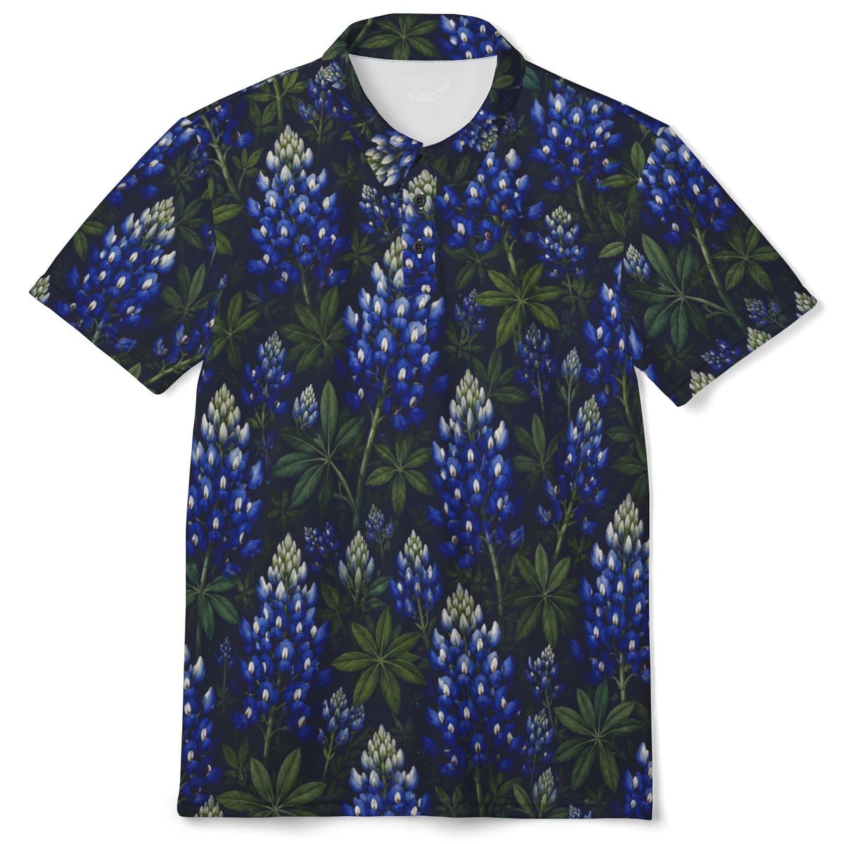 A short-sleeve button-up camp collar shirt featuring an all-over print of bluebonnets on a dark background, displayed flat against a solid white background.