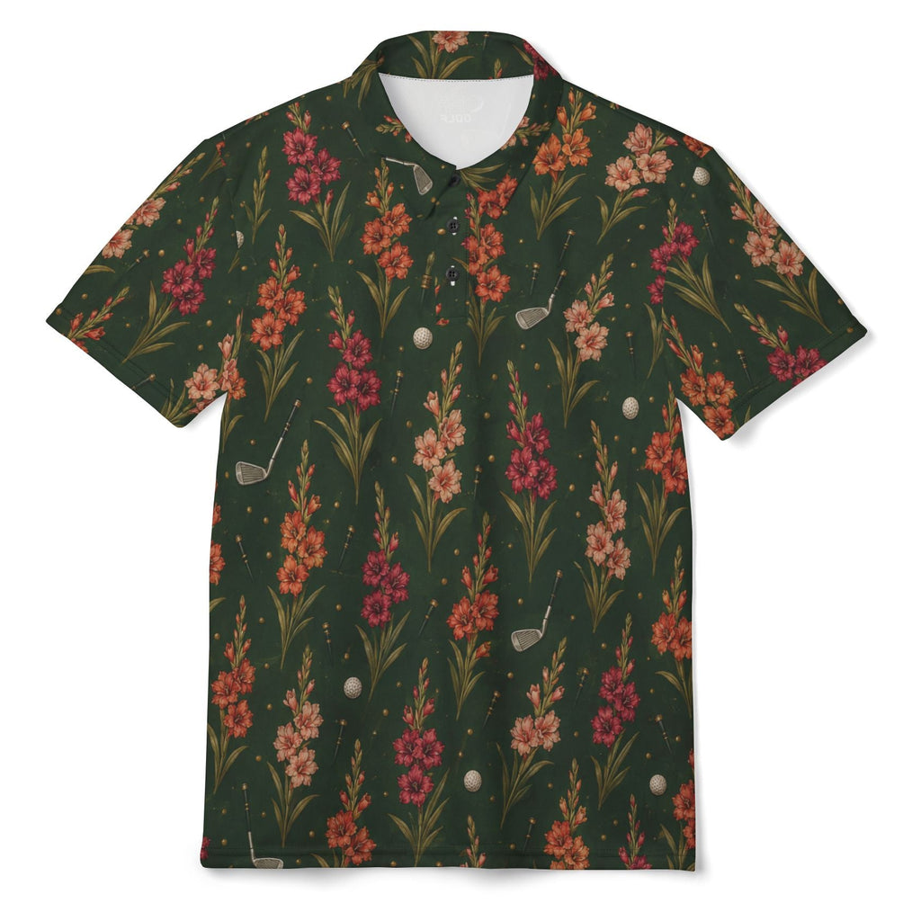 A short-sleeve button-up shirt with a dark green base and an all-over floral print in pink, red, orange, and beige, accented with small golf ball and club illustrations, shown on a plain white background.