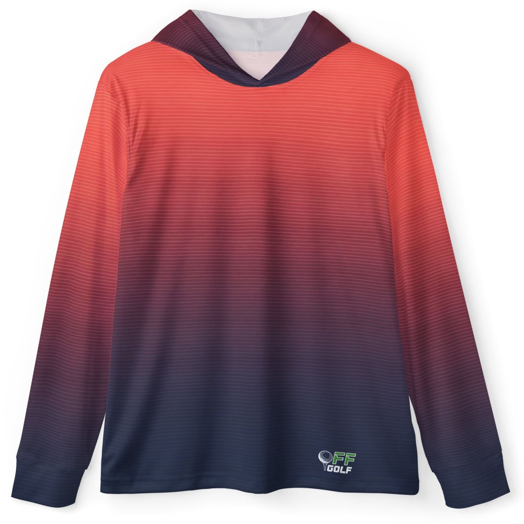 A long-sleeve hooded performance shirt with a horizontal gradient pattern transitioning from coral orange at the top to dark navy at the bottom, featuring a small Golf Course Club logo near the lower left hem.