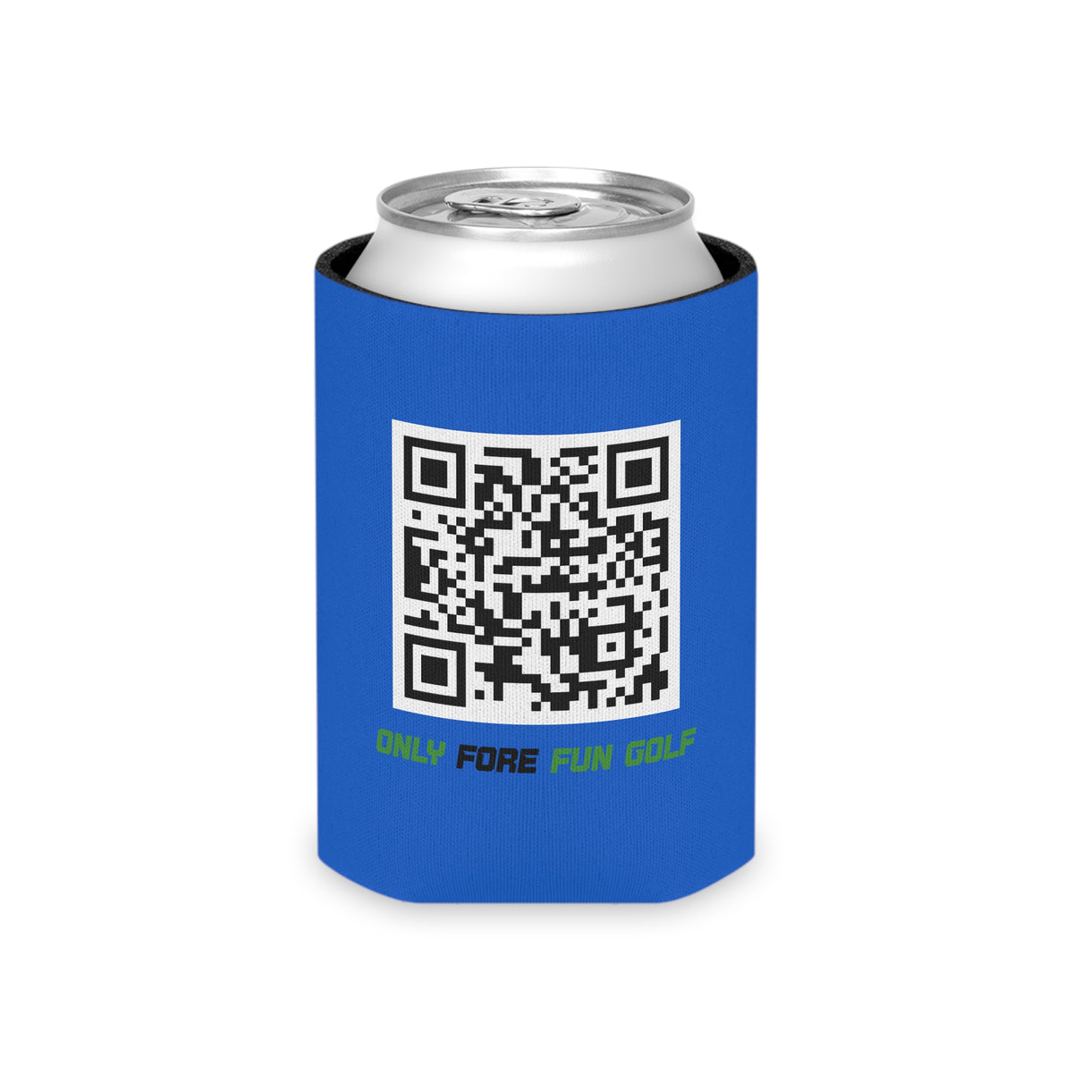 Off Golf Can Cooler — "Only Fore Fun Golf" QR Code Beverage Cooler - Blue