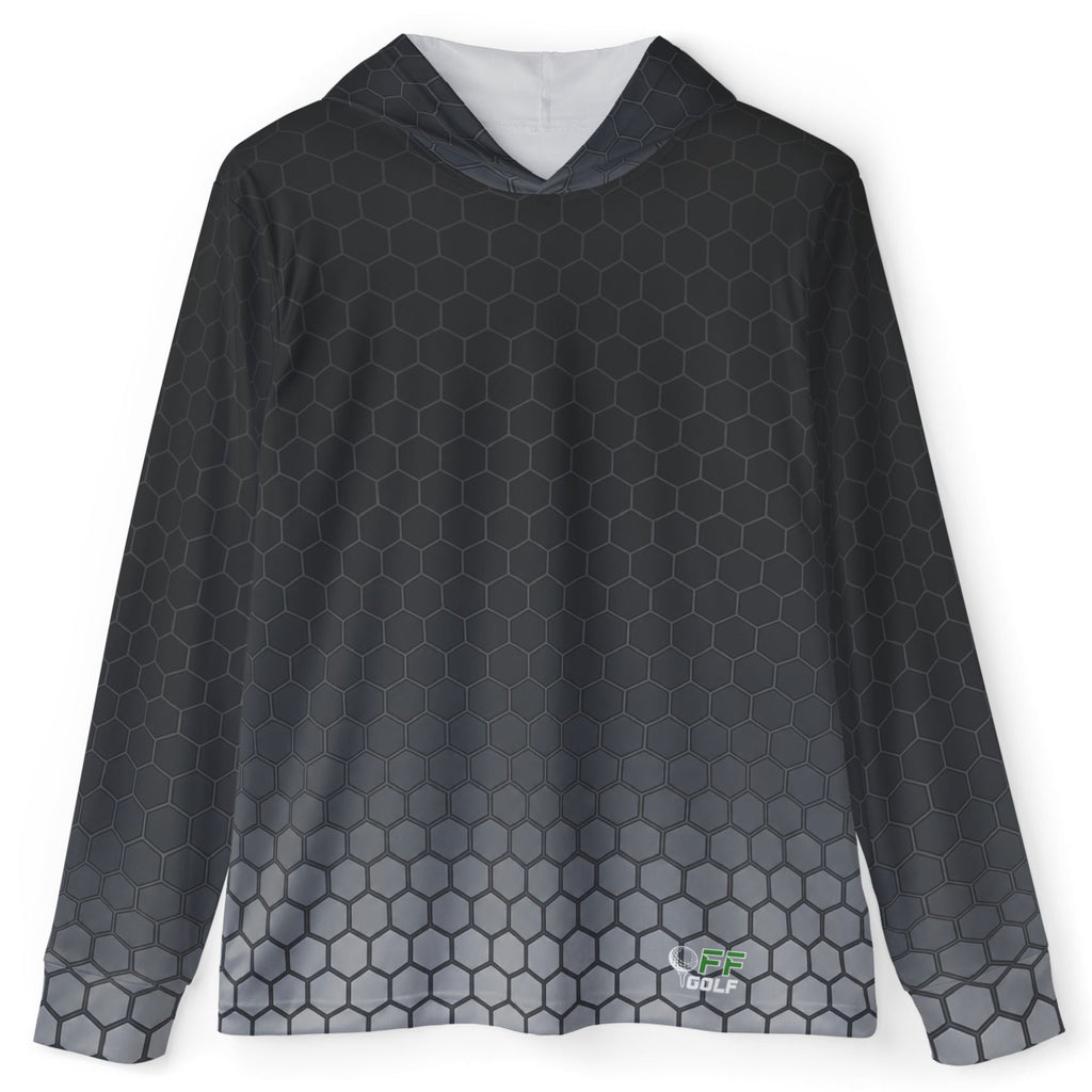 A long-sleeve hooded shirt with a dark gray and black hexagonal honeycomb pattern that fades into a light gray pattern at the bottom hem, featuring a small green and white logo on the lower right front.