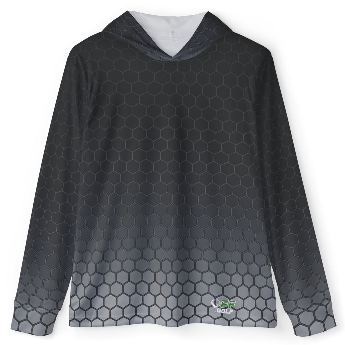 A long-sleeve hooded shirt with a dark gray and black hexagonal honeycomb pattern that fades into a light gray pattern at the bottom hem, featuring a small green and white logo on the lower right front.